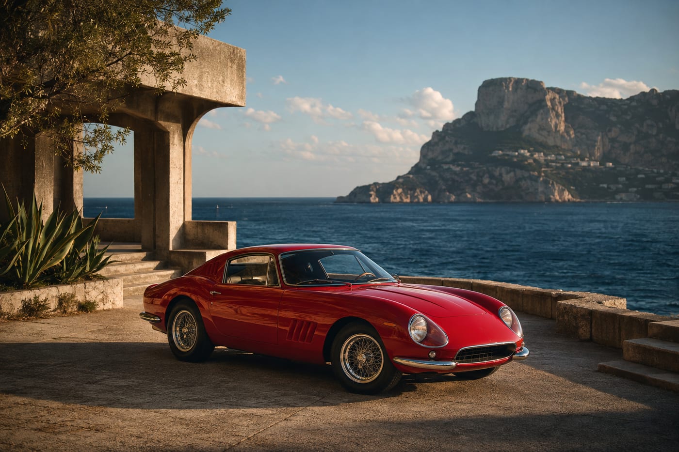Red vintage sports car beside sunlit Mediterranean architecture and a blue sea